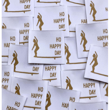 Étiquette tissée à coudre : Ho Happy Day - Blanche