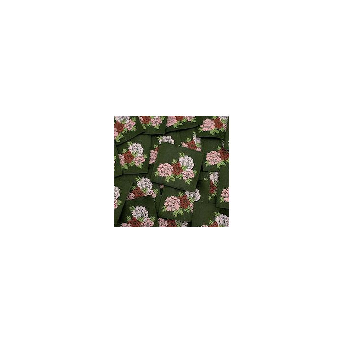 Étiquette tissée à coudre: Pivoines - Kaki