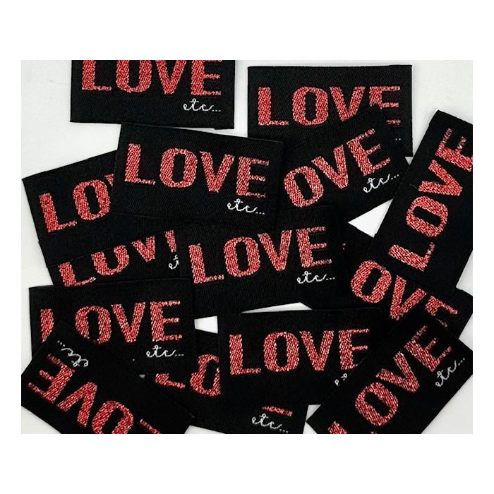 Etiquette tissée à coudre lurex: Love etc - ROUGE NOIR