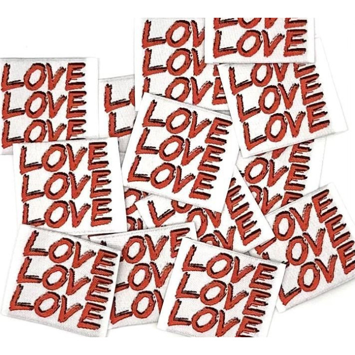 Etiquette tissée à coudre : Love love love - BLANC ROUGE