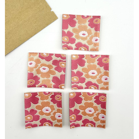 Etiquette Tissée à coudre : Fleurs - ROSE et ORANGE