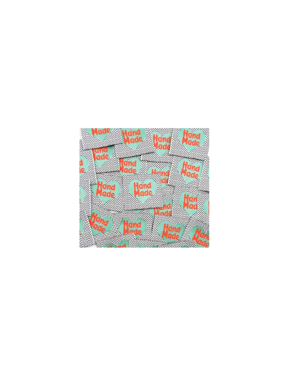 Étiquette tissée à coudre : Hand Made - FLUO, TURQUOISE et POIS
