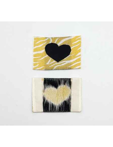 Étiquette tissée à coudre : Coeurs sur fond zèbre - NOIR et BEIGE