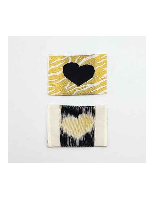 Étiquette tissée à coudre : Coeurs sur fond zèbre - NOIR et BEIGE