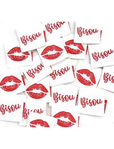 Étiquette tissée à coudre pliée : BISOU - Blanc