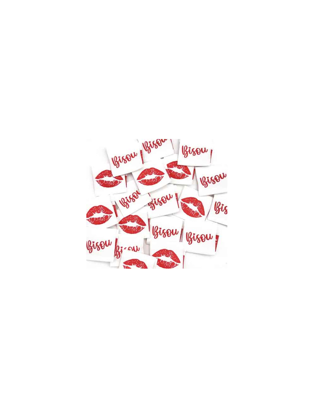 Étiquette tissée à coudre pliée : BISOU - Blanc