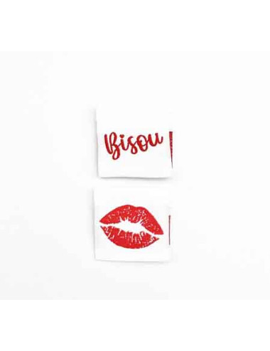 Étiquette tissée à coudre pliée : BISOU - Blanc