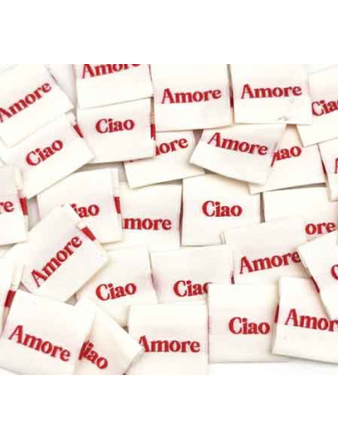 Étiquette tissée à coudre pliée : CIAO AMORE - écru et rouge