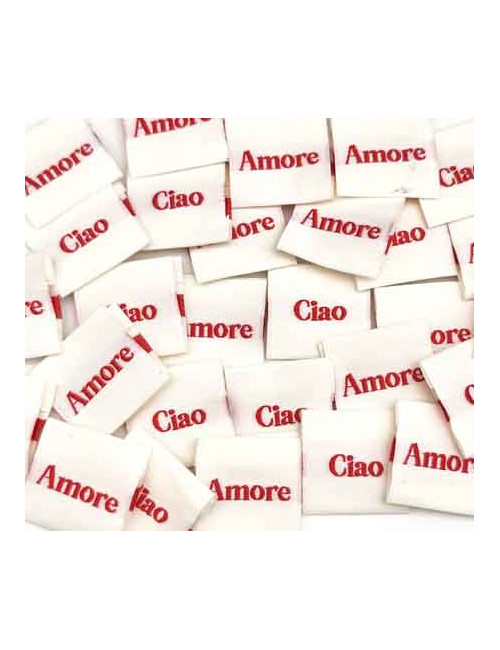 Étiquette tissée à coudre pliée : CIAO AMORE - écru et rouge
