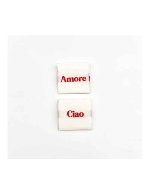 Étiquette tissée à coudre pliée : CIAO AMORE - écru et rouge