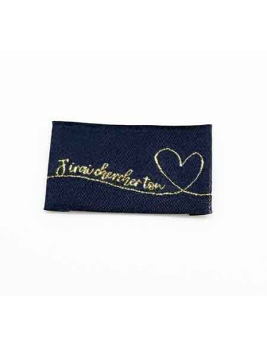 Étiquette tissée à coudre - J'irai chercher ton coeur - LUREX et MARINE
