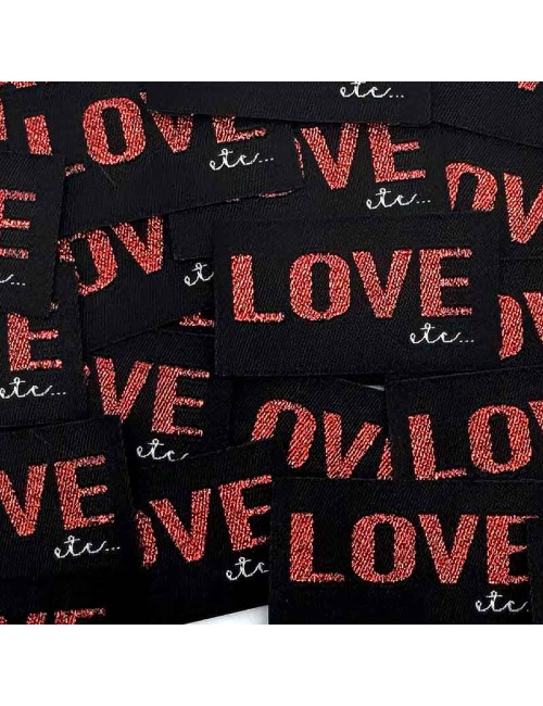 Etiquette tissée à coudre lurex: Love etc - ROUGE NOIR
