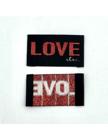 Etiquette tissée à coudre lurex: Love etc - ROUGE NOIR