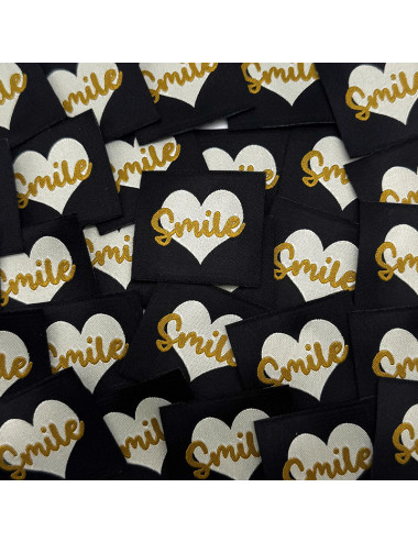 Étiquette tissée à coudre : Smile - NOIR, ÉCRU et OLIVE