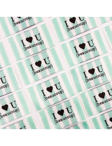 Étiquette tissée à coudre lurex : I love U (beaucoup) - Rayée menthe blanc
