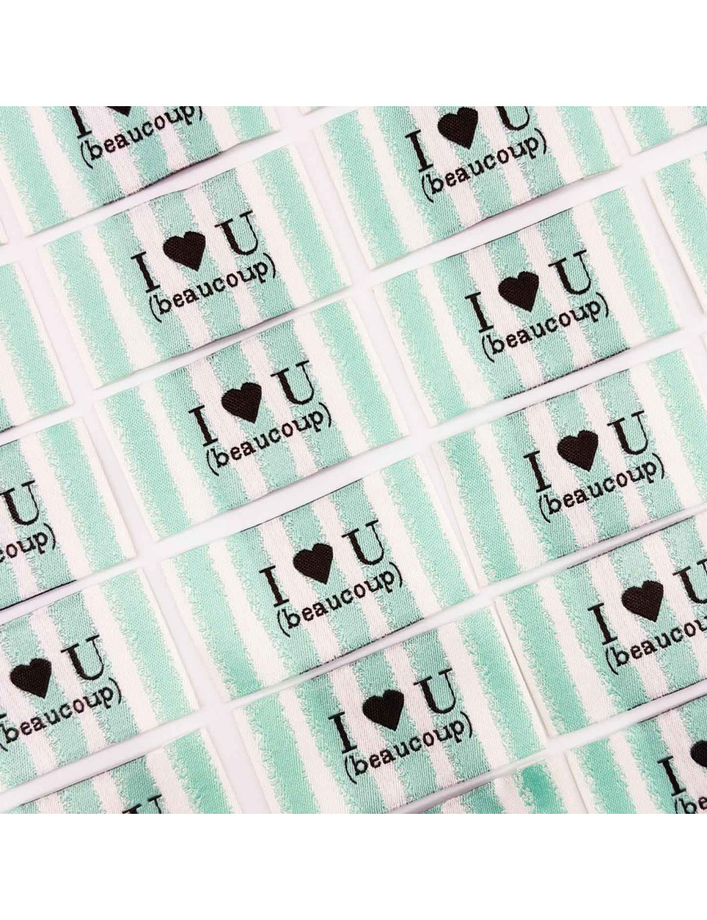 Étiquette tissée à coudre lurex : I love U (beaucoup) - Rayée menthe blanc