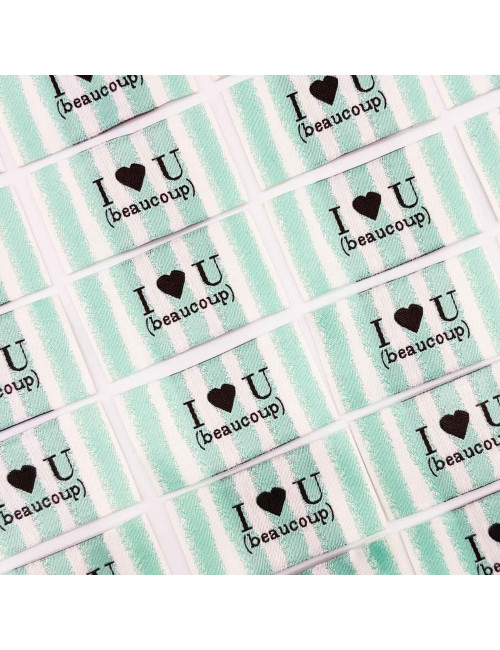 Étiquette tissée à coudre lurex : I love U (beaucoup) - Rayée menthe blanc