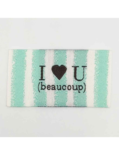 Étiquette tissée à coudre lurex : I love U (beaucoup) - Rayée menthe blanc