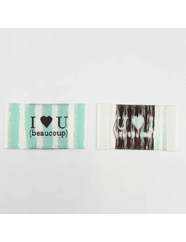 Étiquette tissée à coudre lurex : I love U (beaucoup) - Rayée menthe blanc
