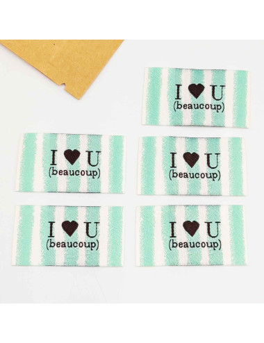 Étiquette tissée à coudre lurex : I love U (beaucoup) - Rayée menthe blanc