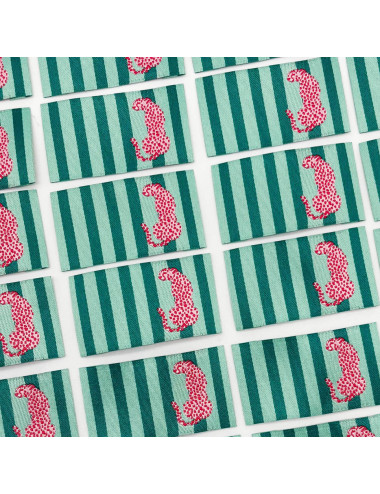 Étiquette tissée à coudre : Rayures menthe - Léopard Rose