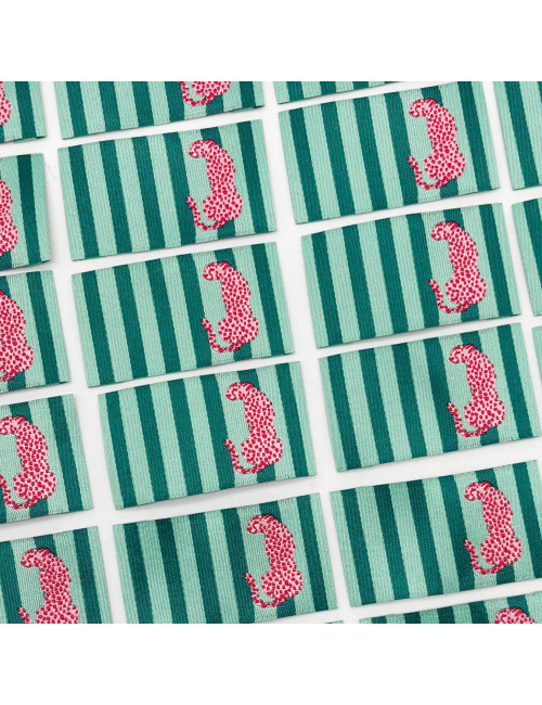 Étiquette tissée à coudre : Rayures menthe - Léopard Rose