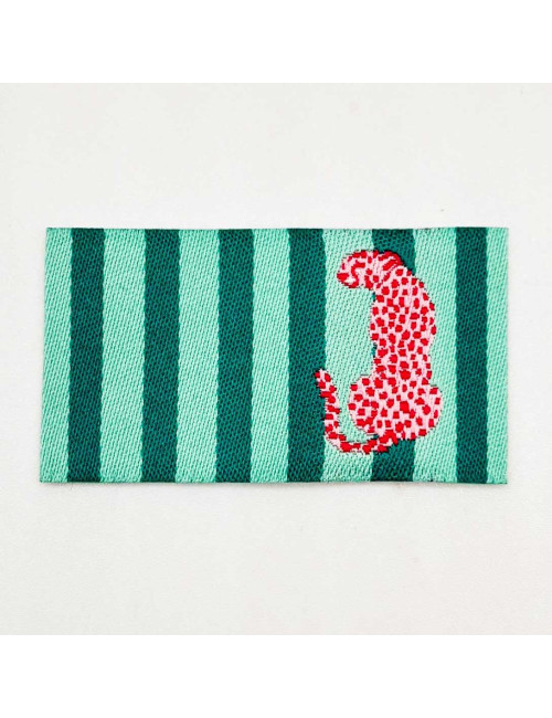 Étiquette tissée à coudre : Rayures menthe - Léopard Rose