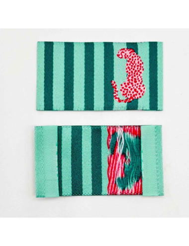 Étiquette tissée à coudre : Rayures menthe - Léopard Rose