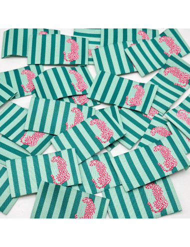 Étiquette tissée à coudre : Rayures menthe - Léopard Rose