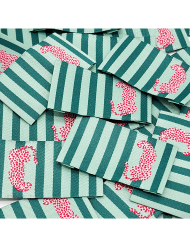 Étiquette tissée à coudre : Rayures menthe - Léopard Rose