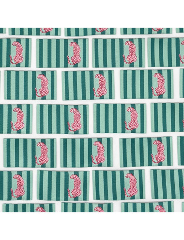 Étiquette tissée à coudre : Rayures menthe - Léopard Rose