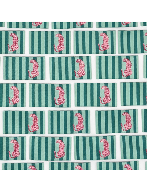 Étiquette tissée à coudre : Rayures menthe - Léopard Rose