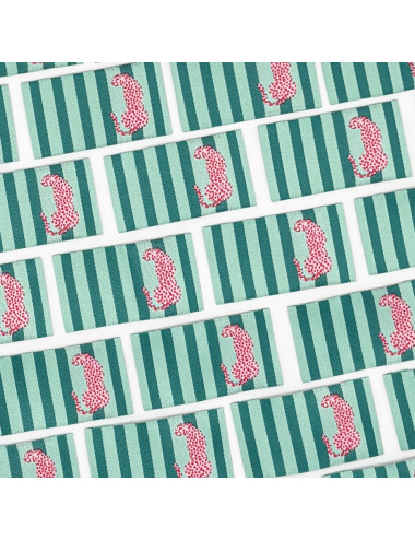 Étiquette tissée à coudre : Rayures menthe - Léopard Rose