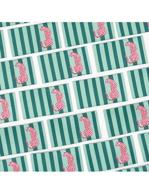 Étiquette tissée à coudre : Rayures menthe - Léopard Rose