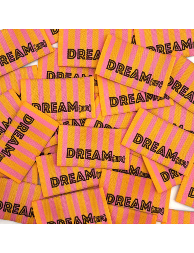 Étiquette tissée à coudre : Rayures DREAM(ER) - ORANGE ROSE
