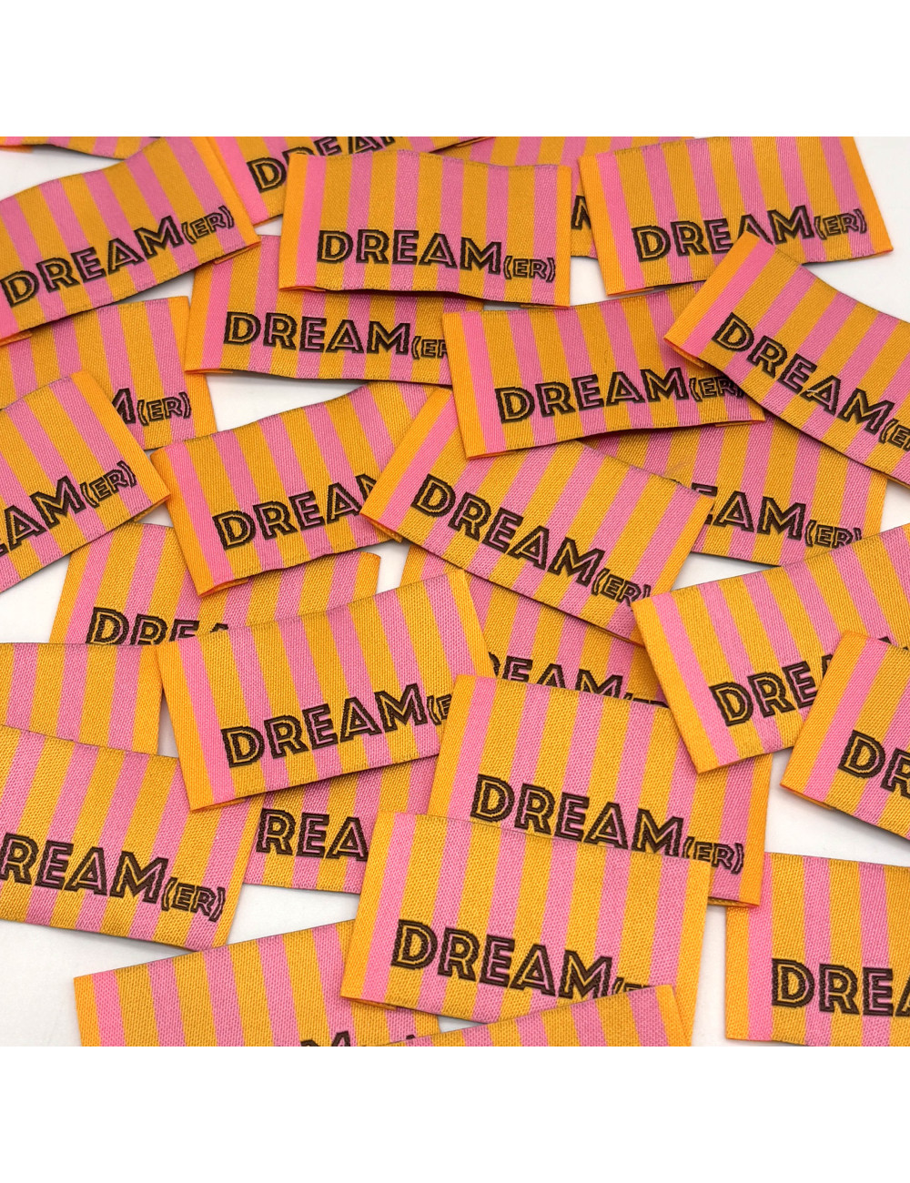 Étiquette tissée à coudre : Rayures DREAM(ER) - ORANGE ROSE