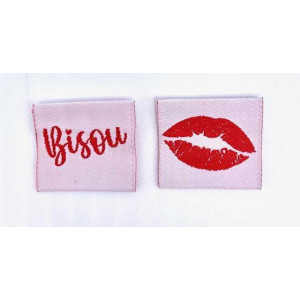Étiquette tissée à coudre pliée : BISOU - Blanc