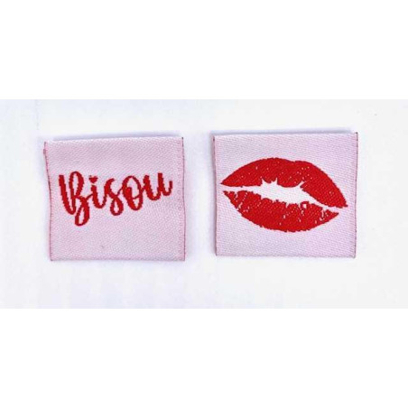 Étiquette tissée à coudre pliée : BISOU - Blanc
