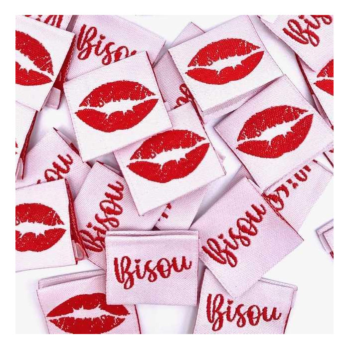 Étiquette tissée à coudre pliée : BISOU - Blanc